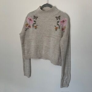 Boho Sweater M Embroidered Butterflies Floral Knit Cottagecore Mock Neck GUC